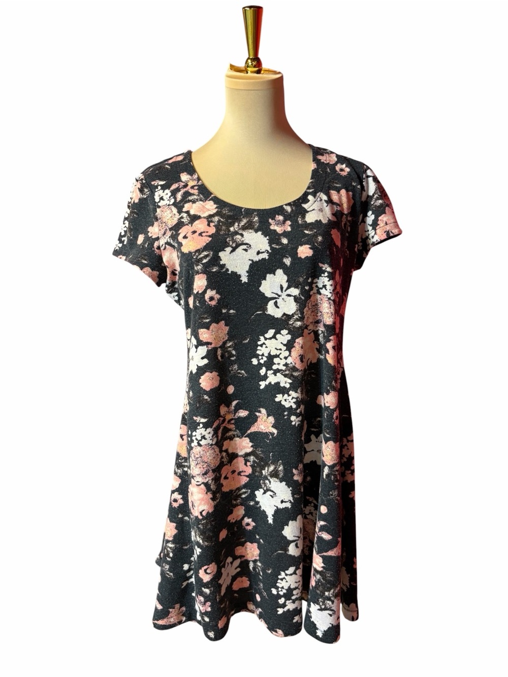 Kimchi Blue Black Floral Swing Tunic with Pink & White Blooms